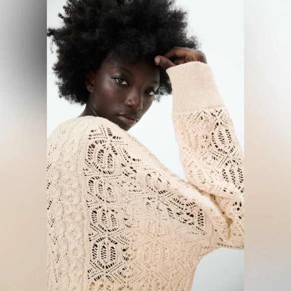 NWOT Zara Crochet Knit V-neck Sweater - Picture 4 of 8